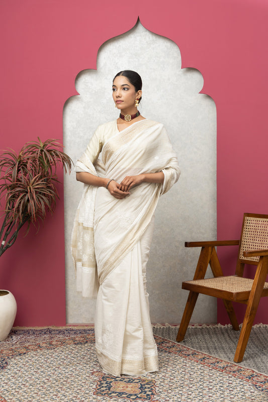 tissueBeige sareewithblouse+golden border+chikankari