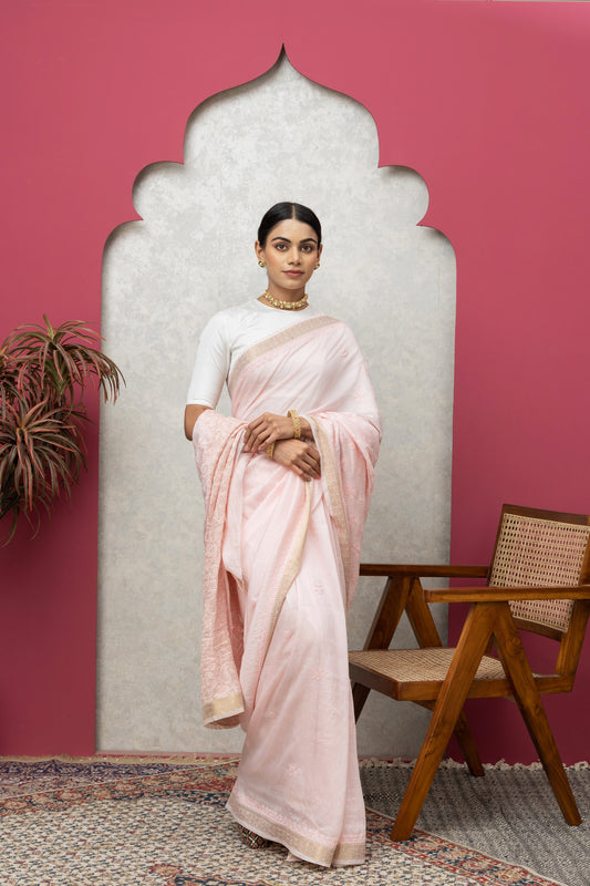 Chanderisilk babypink saree with blouse+chikankari