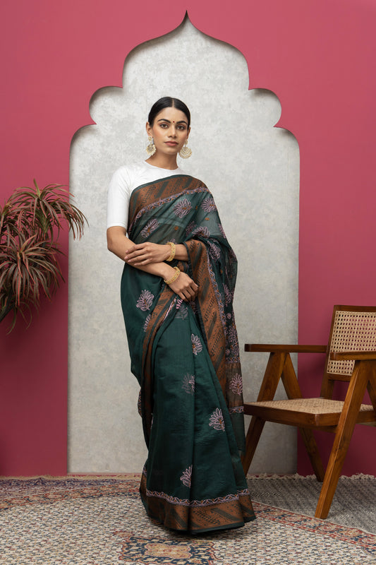 bottle green chanderi saree with blouse
