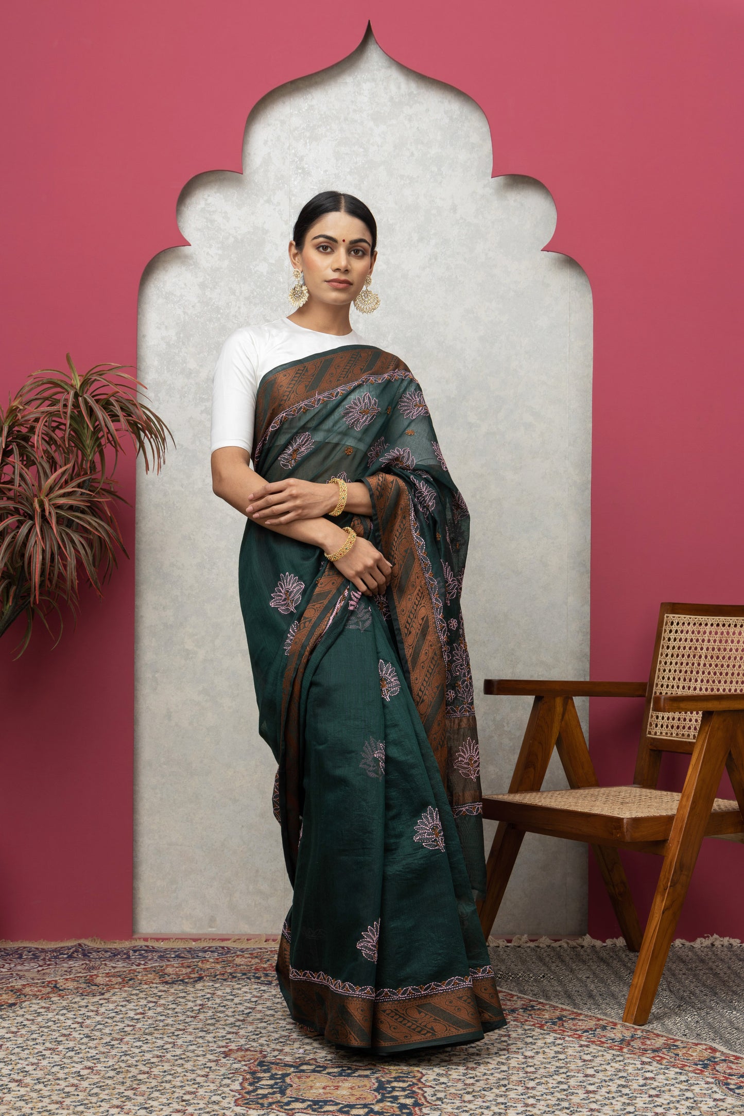 Bottle Green Chanderi Saree with Matching Blouse – Elegant & Lightweight