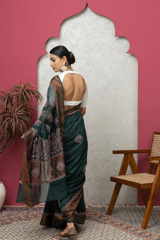 Bottle Green Chanderi Saree with Matching Blouse – Elegant & Lightweight