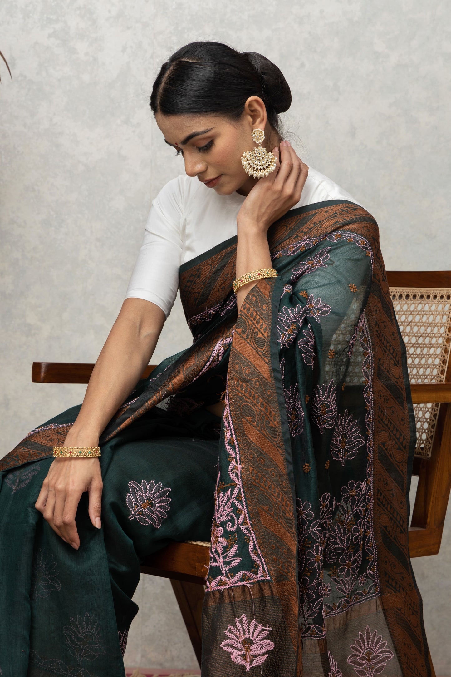 bottle green chanderi saree with blouse