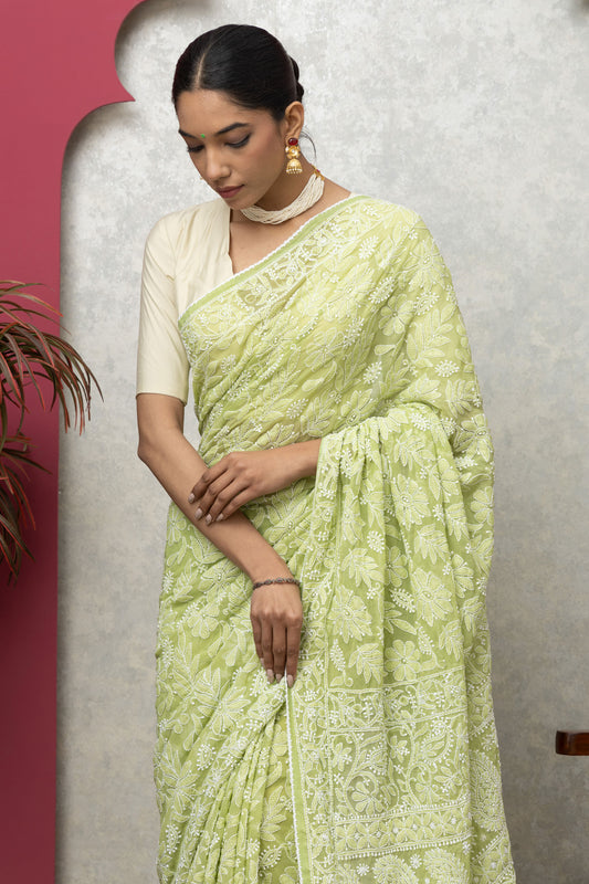 Green Georgette Saree with Matching Blouse – Elegant & Flowing