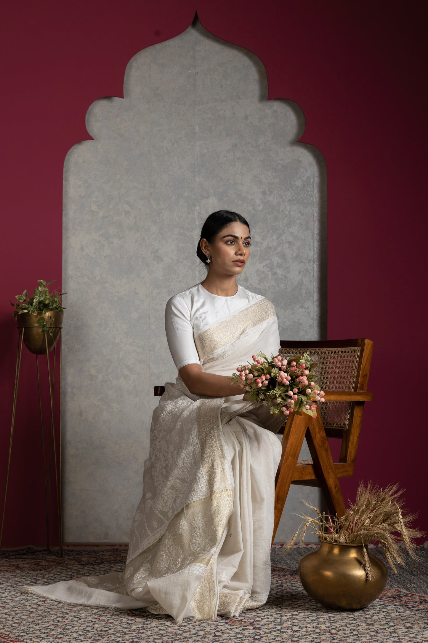 tissueBeige sareewithblouse+golden border+chikankari