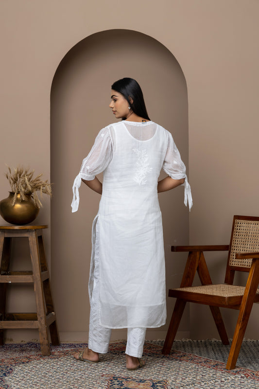 White Chikankari Kurti with Tie-Up Sleeves