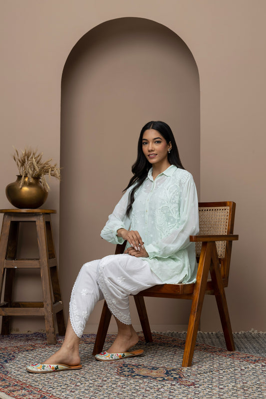 Pista Green Georgette Shirt with Mukaish Work – Elegant & Lightweight