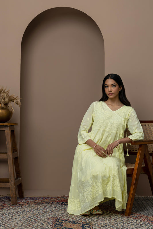 Cotton Yellow Angrakha Kurti