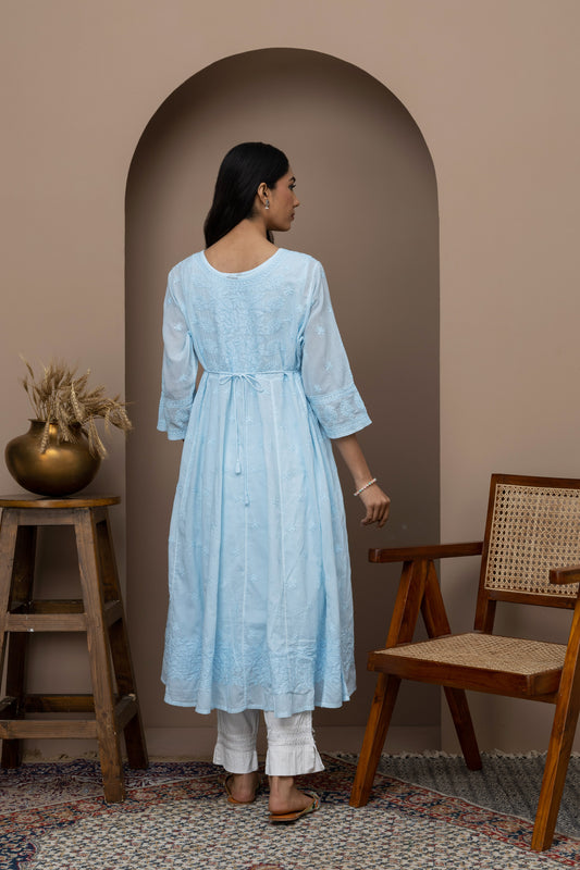 Blue Cotton Chikankari Angrakha Kurti – Classic Grace