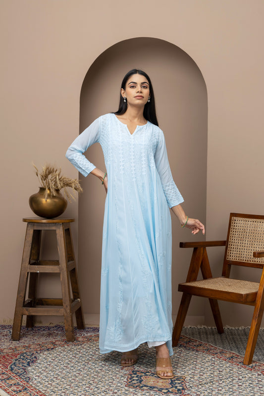 Georgette blue dress with slip+chikankari