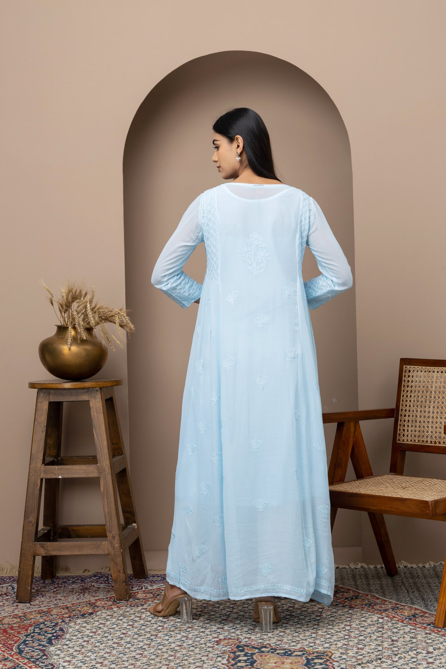 Georgette blue dress with slip+chikankari