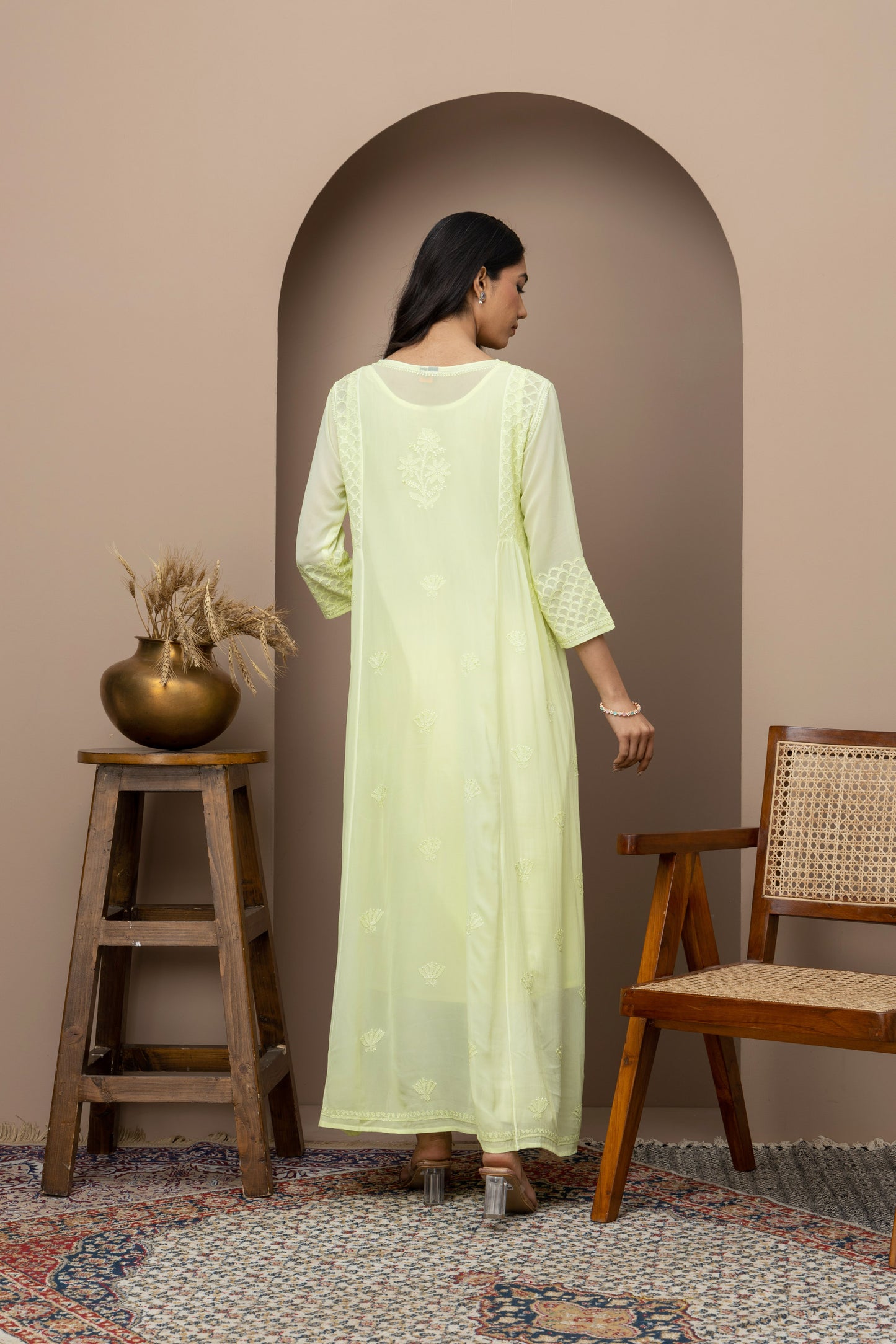 Green long dress+chikankari