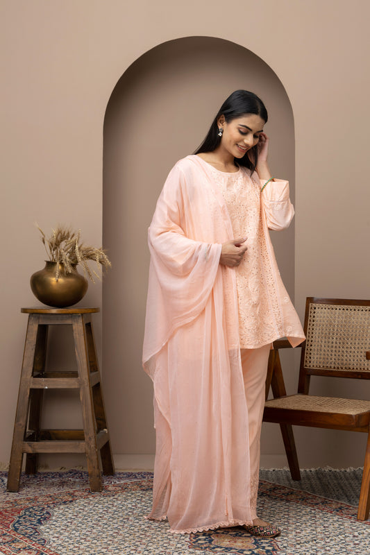 Peach Chanderi silk kurti+pant