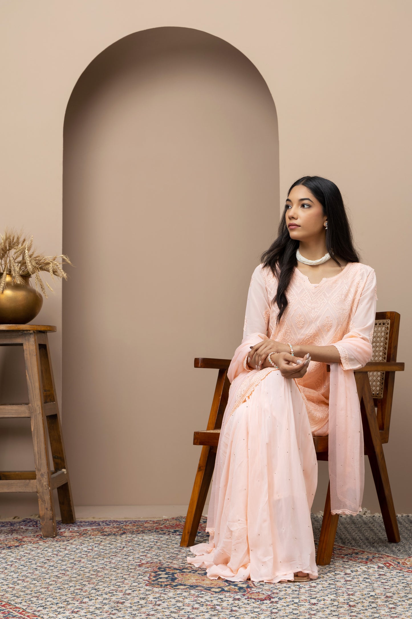 georgette peeach sharara dress+mukaish work+chikankari