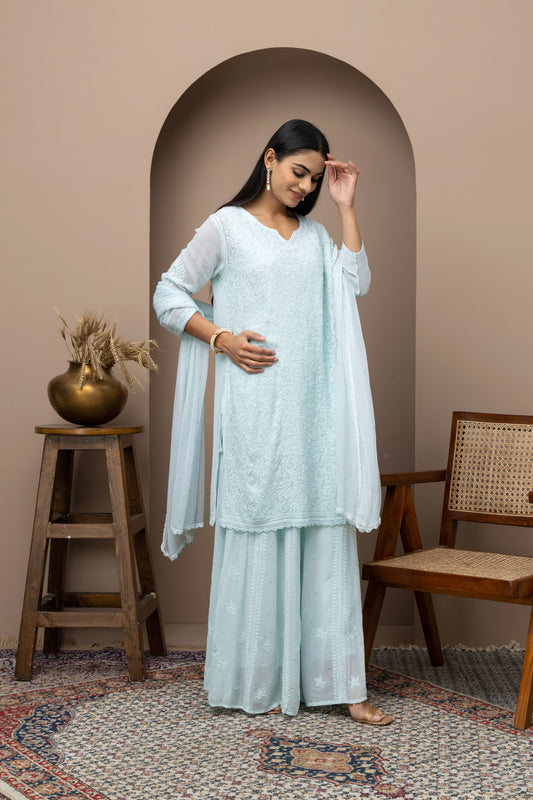 Georget blue fullsuit+mukaish+chikankari