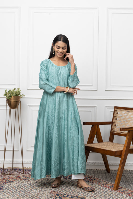 Chanderi Green Anarkali