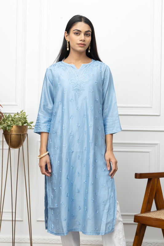 Blue chanderi silk kurti+chikankari