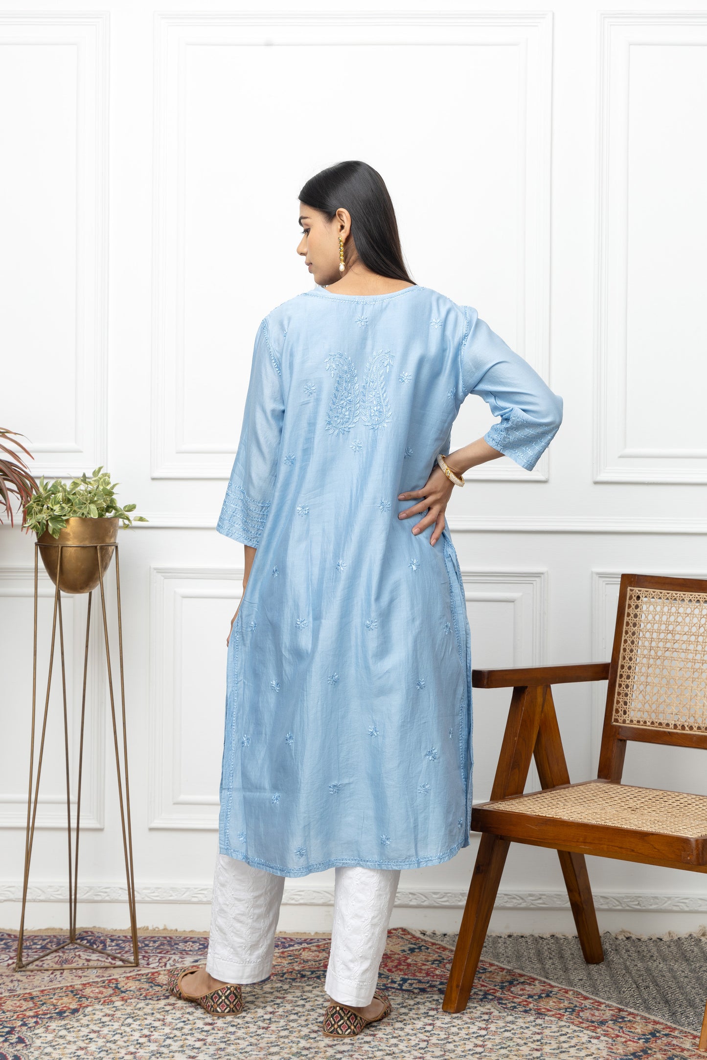 Blue chanderi silk kurti+chikankari 44