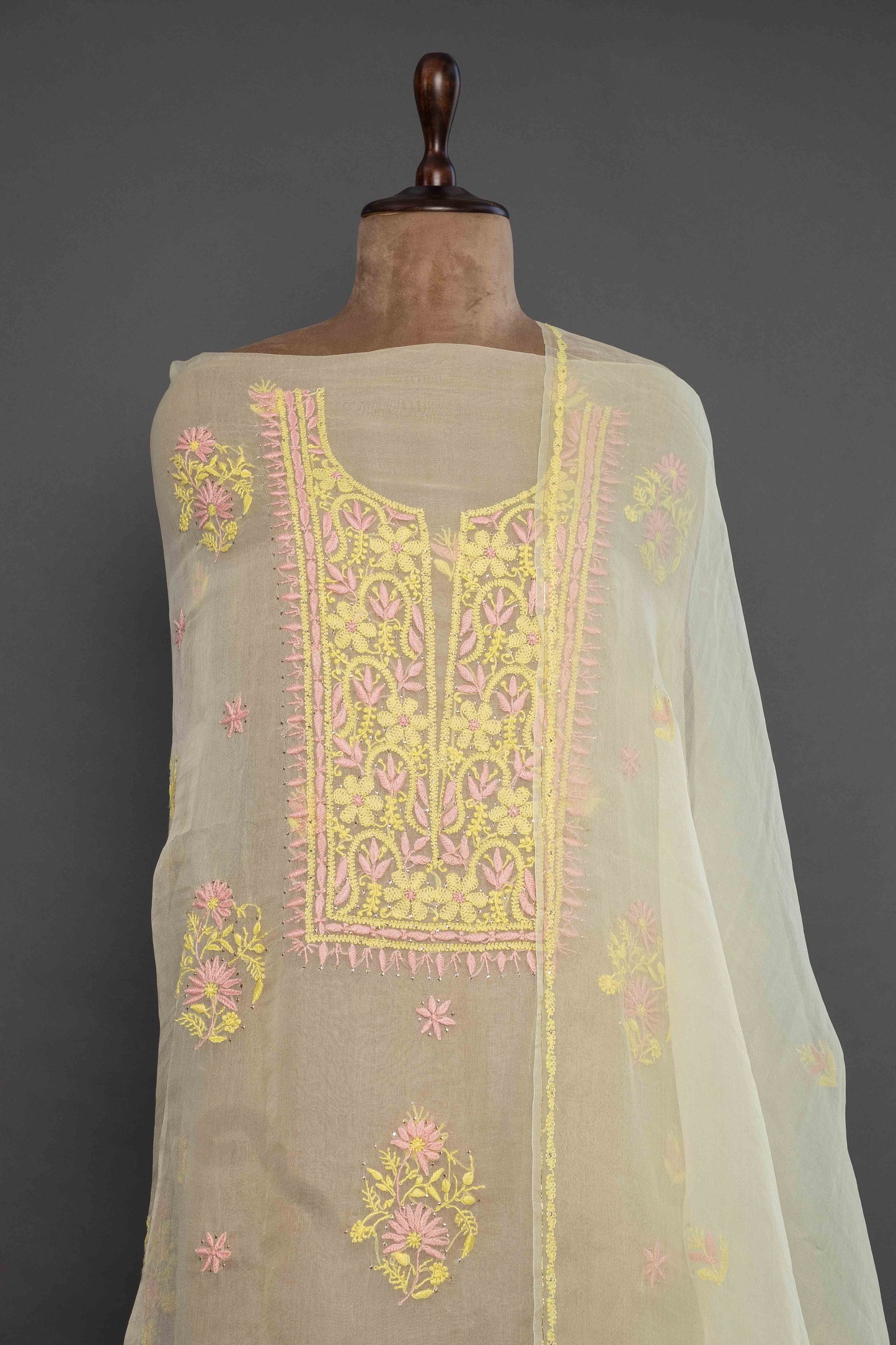 Yellow Organza Unstitched Kurti Set with Dupatta