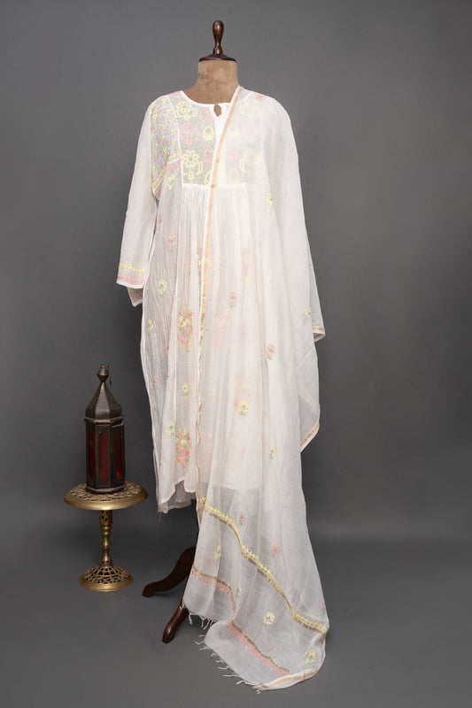 White Chanderi Kurti with Multicolour Detailing