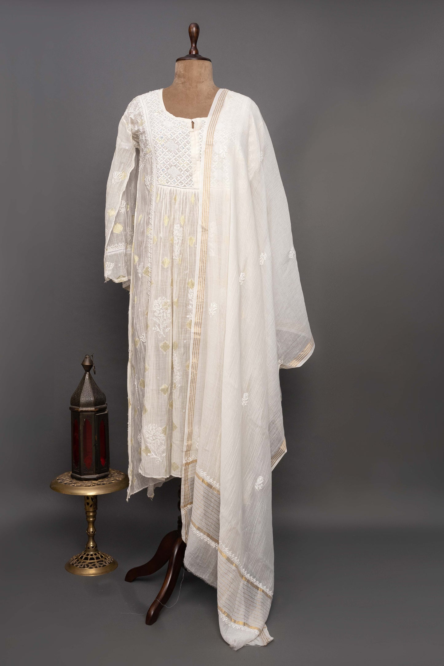 Beige Chanderi A line Kurti Set