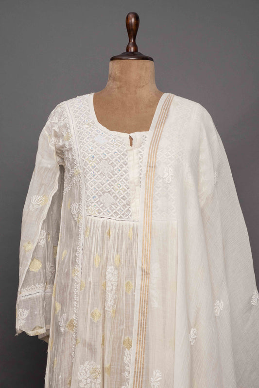 Beige Chanderi A line Kurti Set