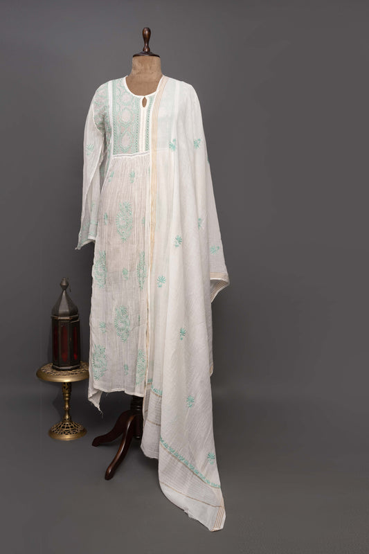 Chanderi Silk Green Semi Stitch Chikankari Kurti