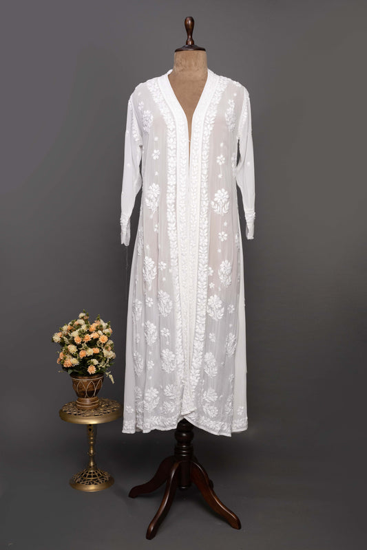 White Georgette Long Shrug – Chikankari