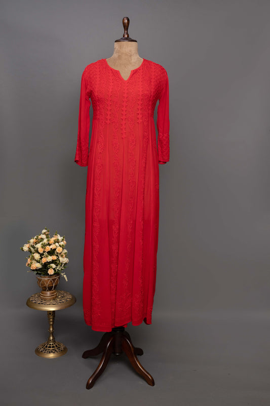 Red Georgette Chikankari Dress