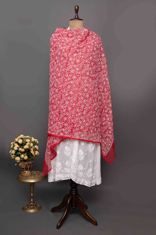 Red & White Cotton Dupatta