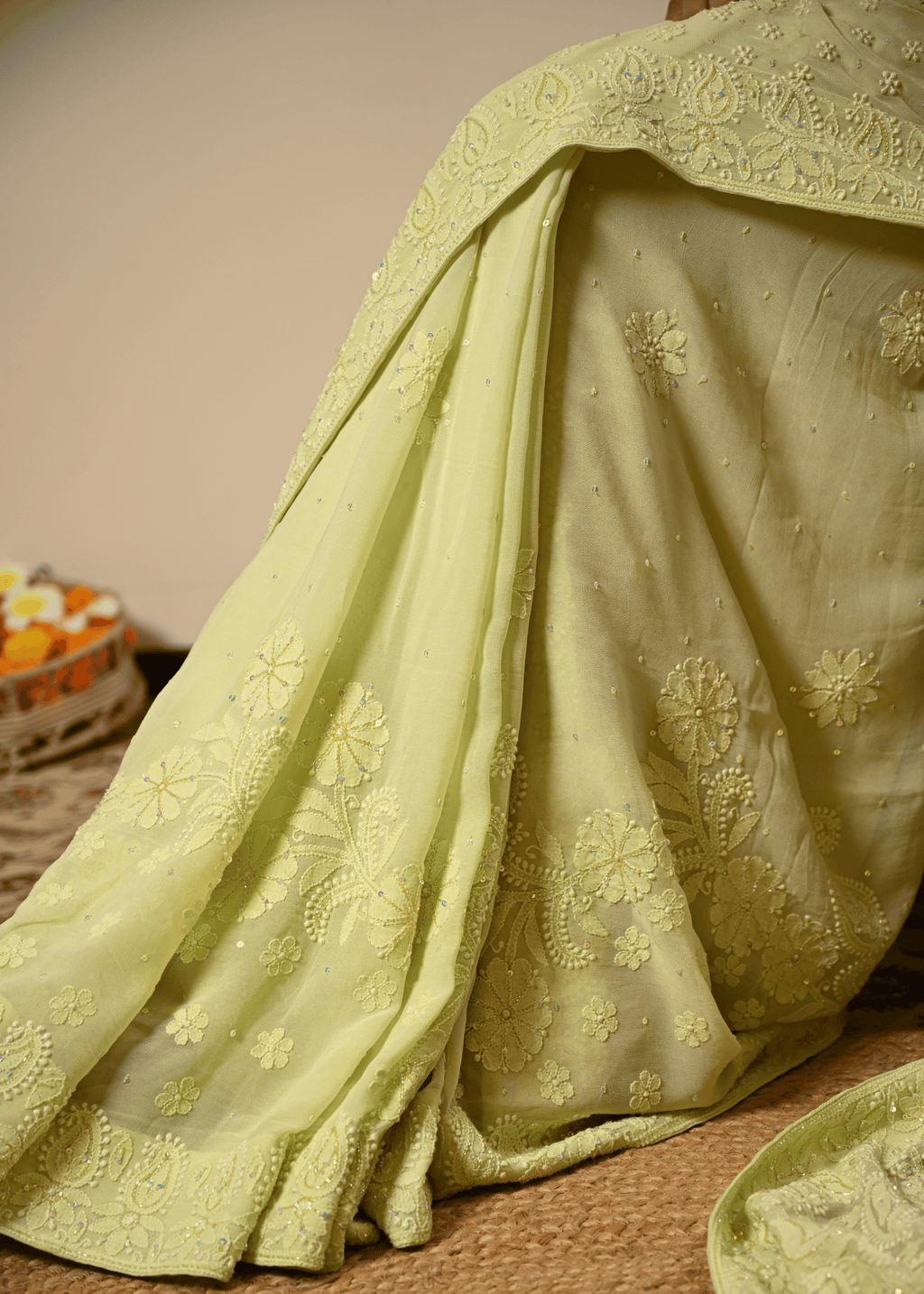 Pastel Hand Embroidered Chikankari Saree | Lucknowi Chikankari
