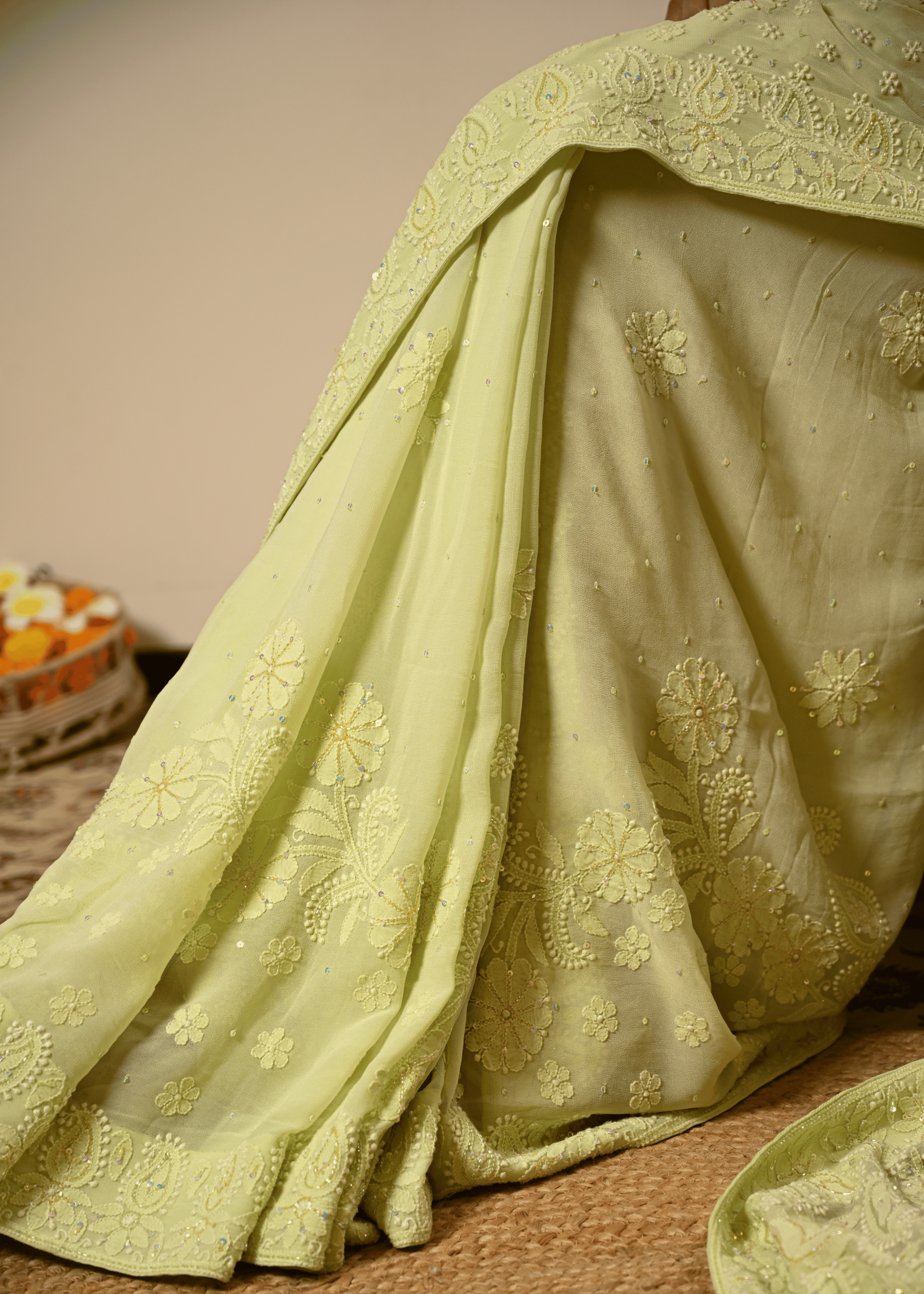 Pastel Hand Embroidered Chikankari Saree | Lucknowi Chikankari
