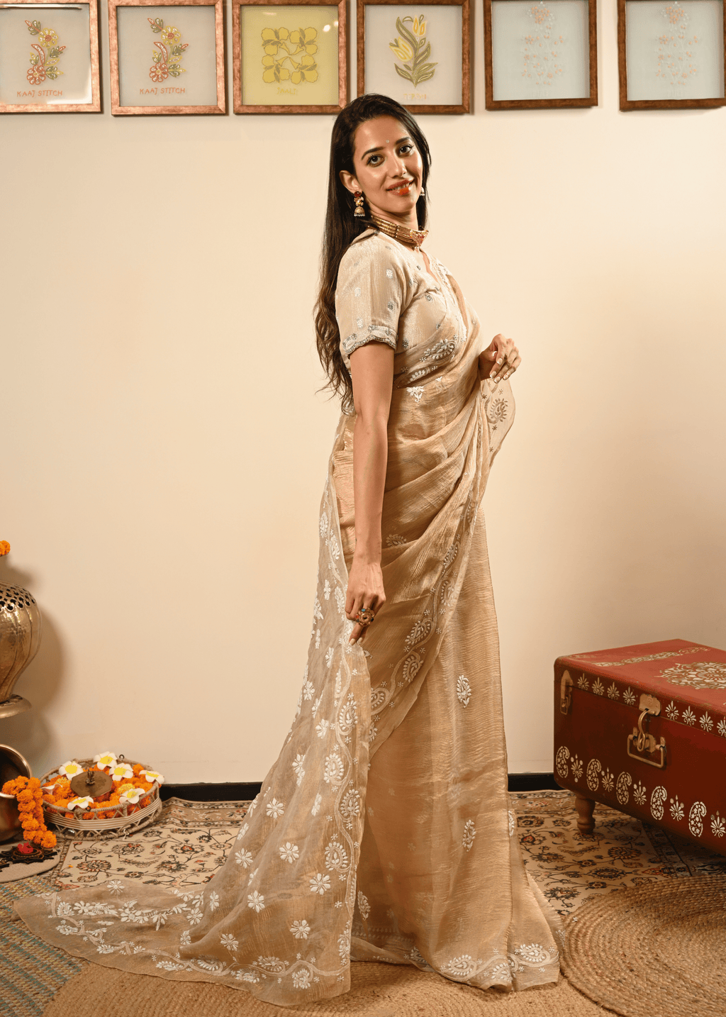 Golden Tissue Hand Embroidered Chikankari Saree
