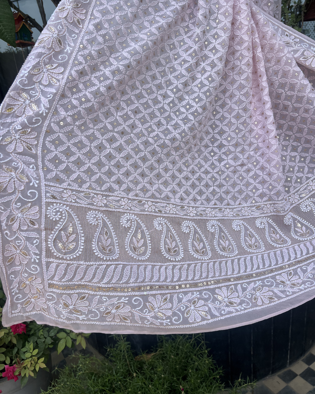 Pink Hand Embroidered Chikankari Dupatta