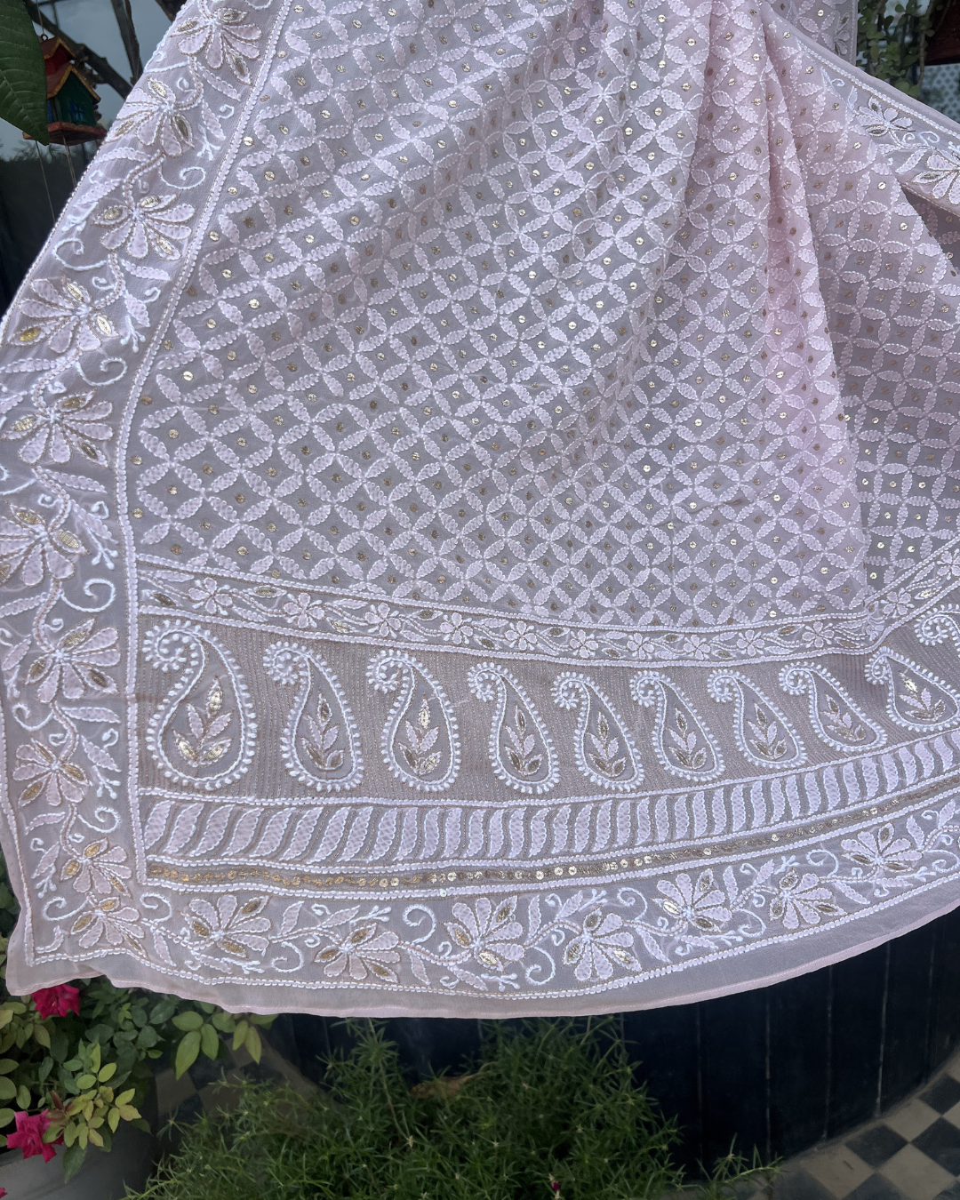 Pink Hand Embroidered Chikankari Dupatta