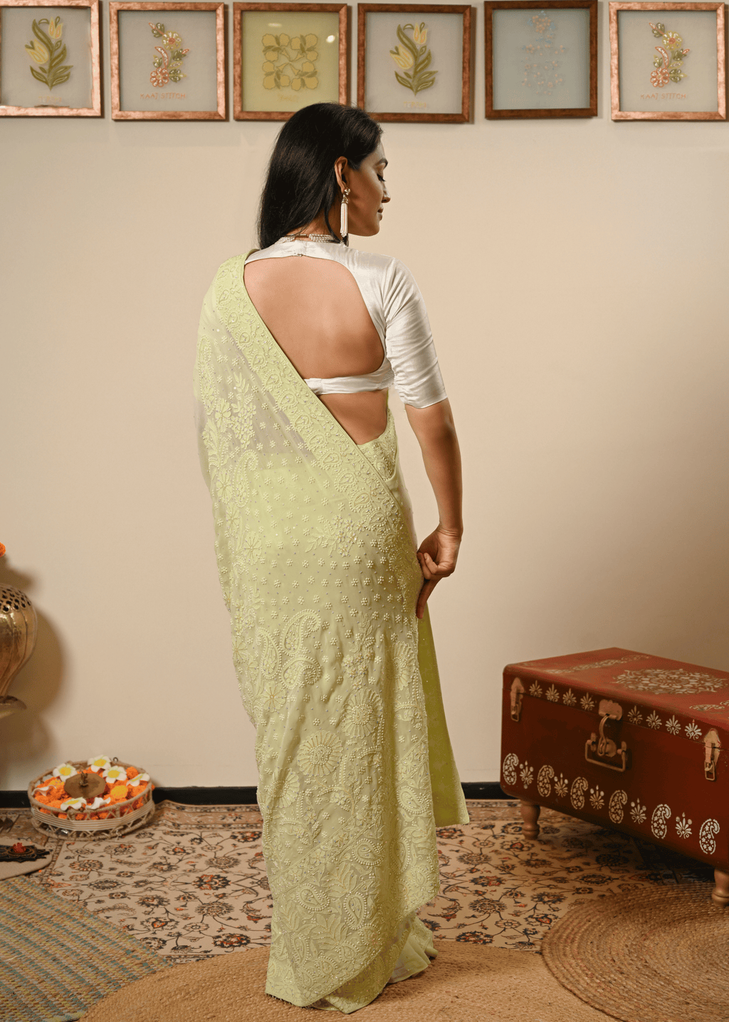 Pastel Hand Embroidered Chikankari Saree | Lucknowi Chikankari