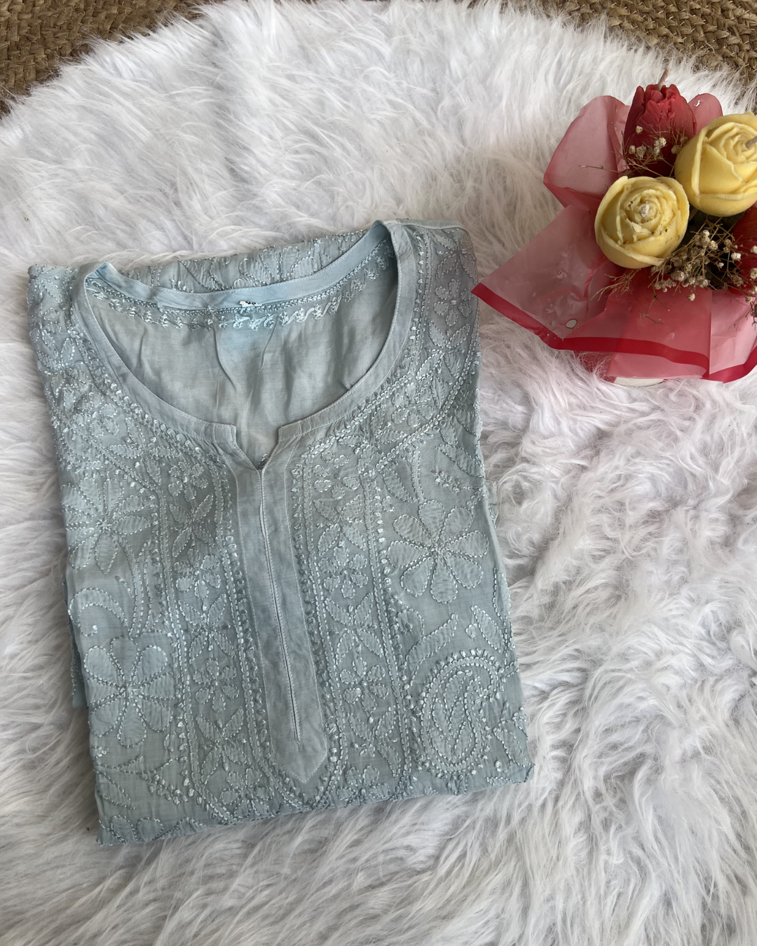 Muslin Chikankari Long Kurti  Full Sleeves | Lucknowi Elegance