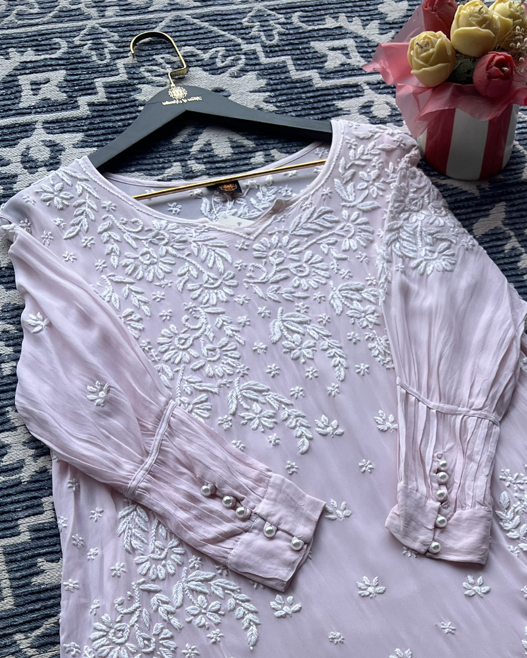 Peach Chikankari Kurti with White Floral Embroidery