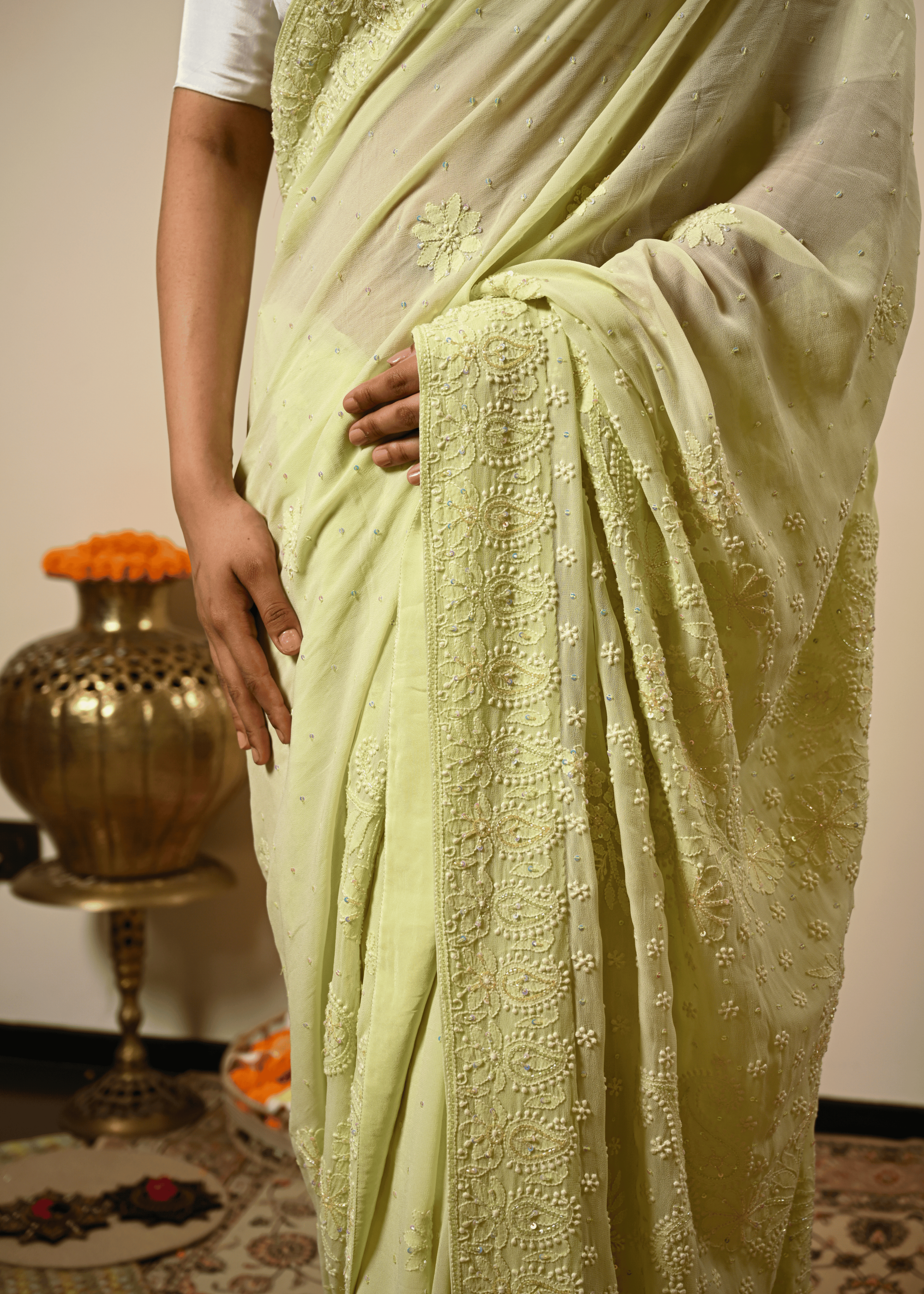 Pastel Hand Embroidered Chikankari Saree | Lucknowi Chikankari