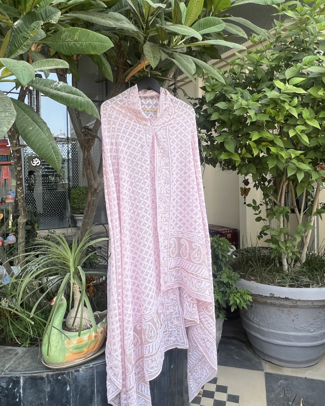 Pink Hand Embroidered Chikankari Dupatta
