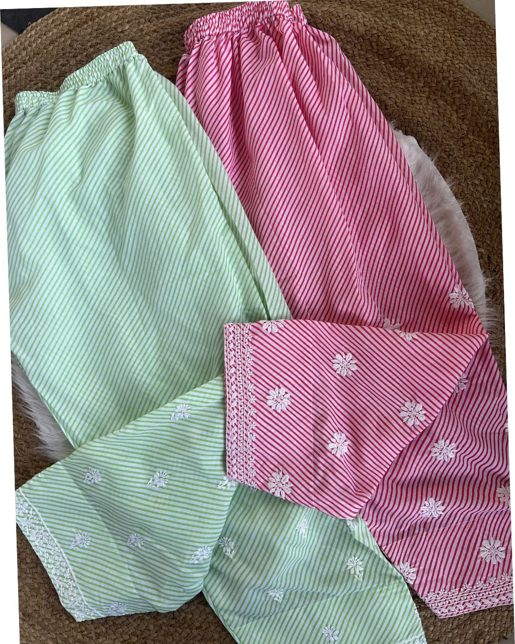 Pink & Green Leheriya Dress with White Stripes | Lucknow Chikankari Gurgaon | Chikankari Studio Gurgaon