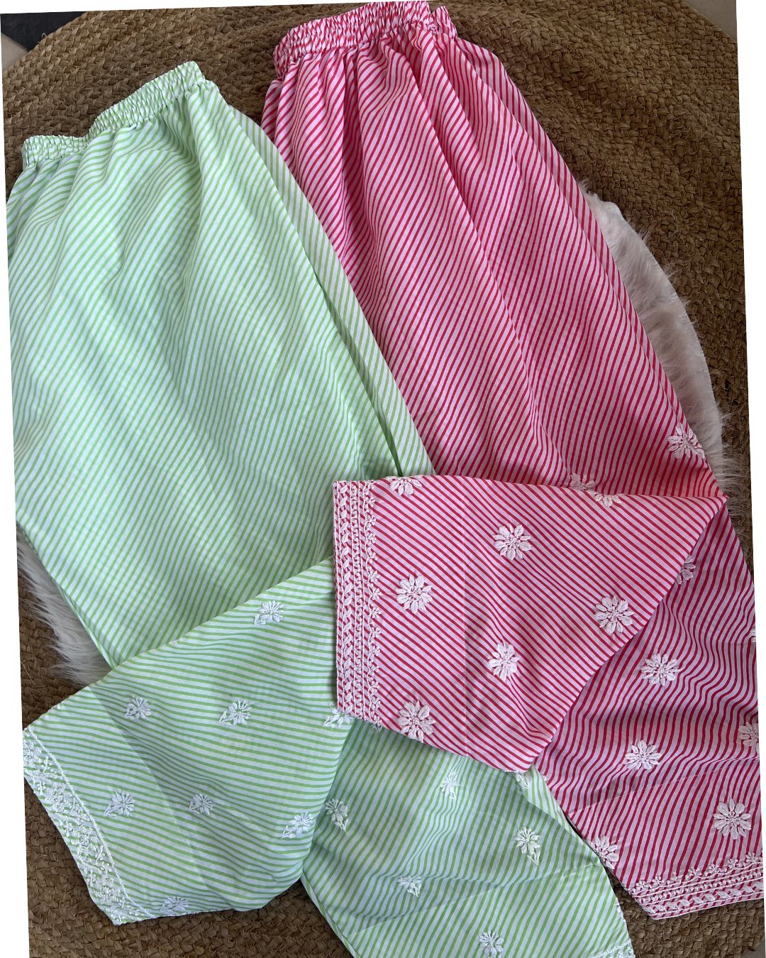 Pink & Green Leheriya Dress with White Stripes | Lucknow Chikankari Gurgaon | Chikankari Studio Gurgaon