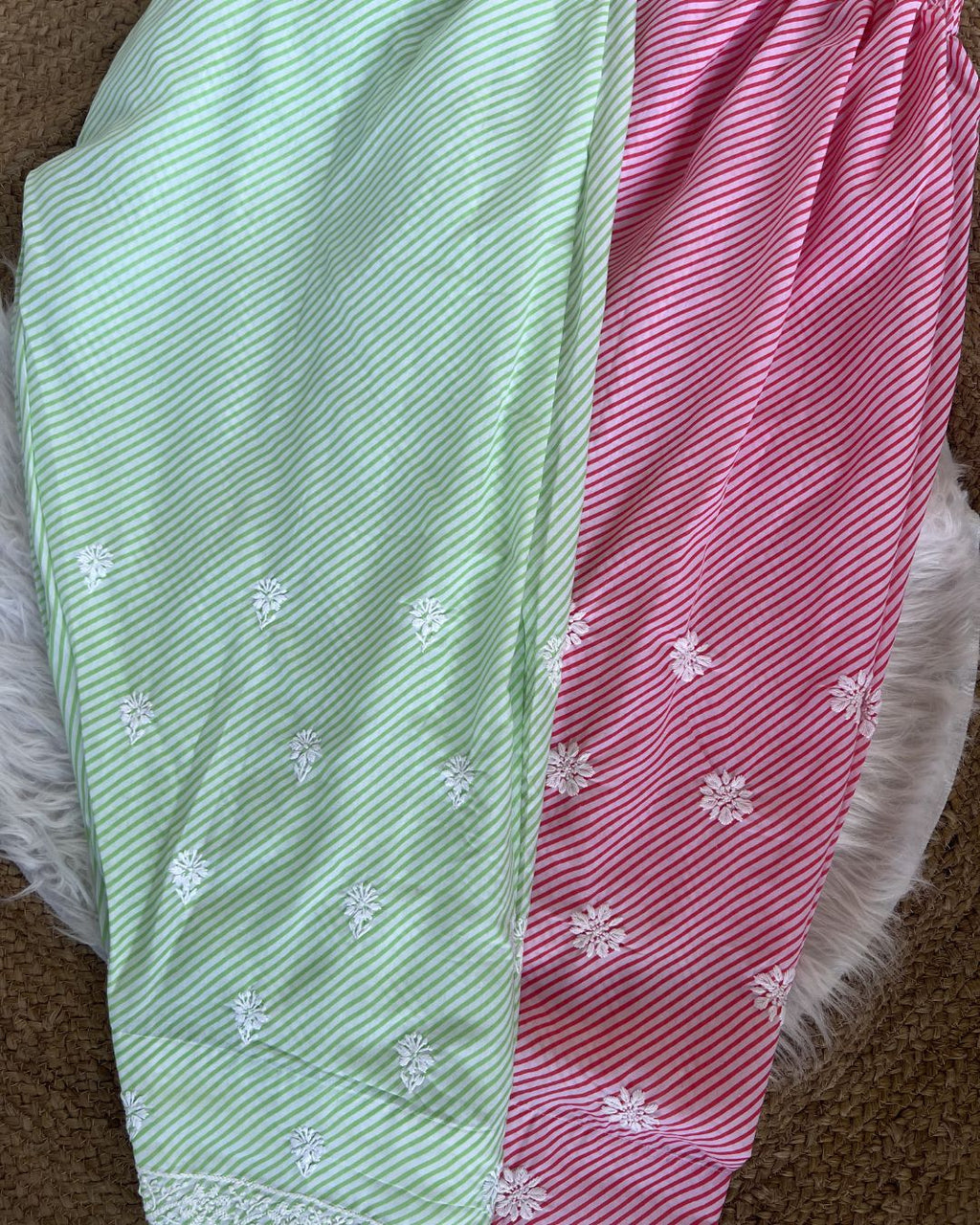 Pink & Green Leheriya Dress with White Stripes | Lucknow Chikankari Gurgaon | Chikankari Studio Gurgaon