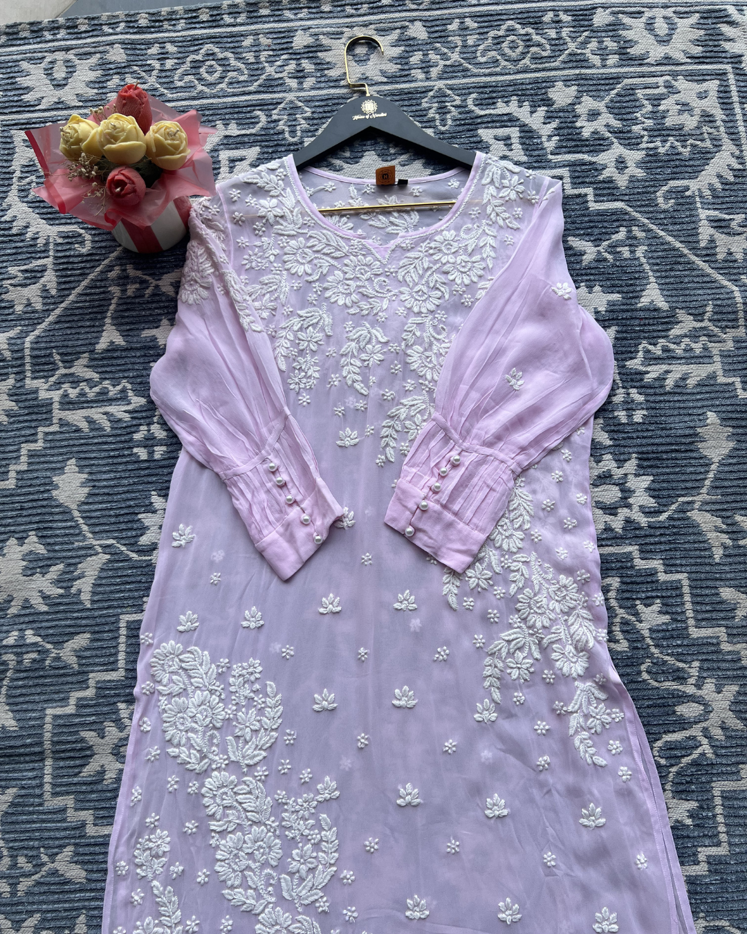 Peach Chikankari Kurti with White Floral Embroidery
