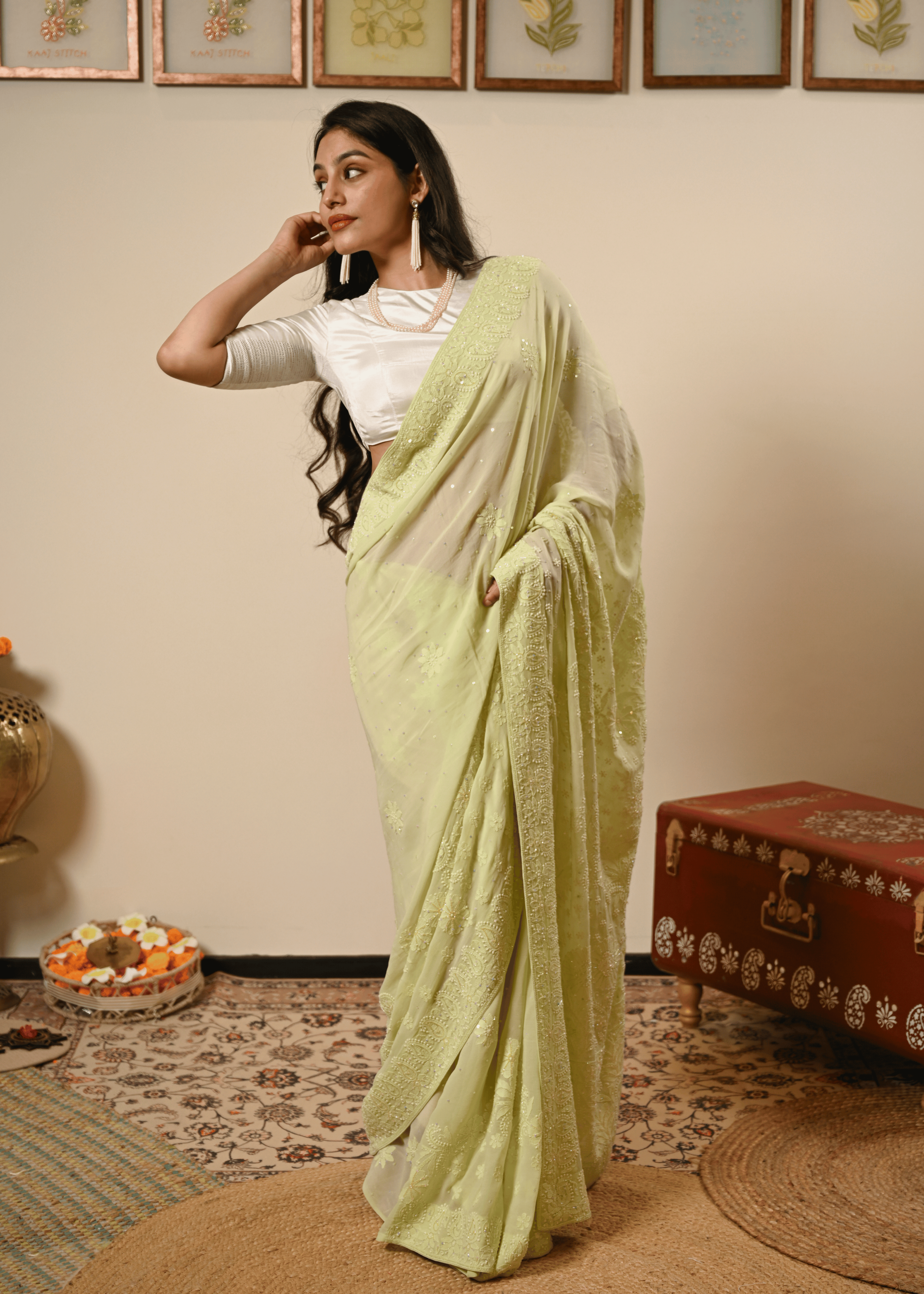 Pastel Hand Embroidered Chikankari Saree | Lucknowi Chikankari