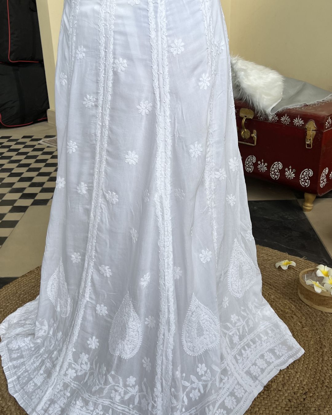 White Semi-Stitched Chikankari Skirt | Free Size | Lucknow Chikankari Gurgaon | Chikankari Studio Gurgaon