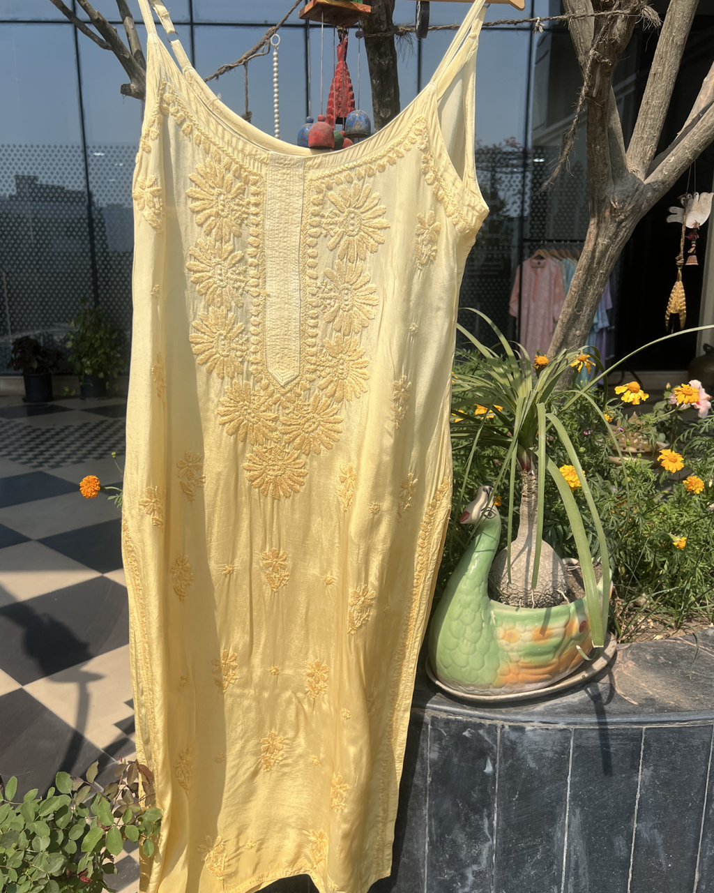 Long Sleeveless Muslin Chikankari Kurti | Hand Embroidered Kurti Collection | Lucknow Chikankari Gurgaon
