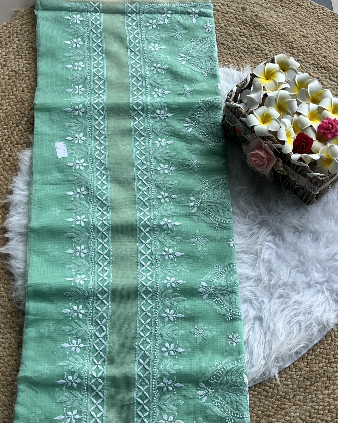 Green Cotton Chikankari Saree with Blouse | Lucknow Chikankari more saree in this