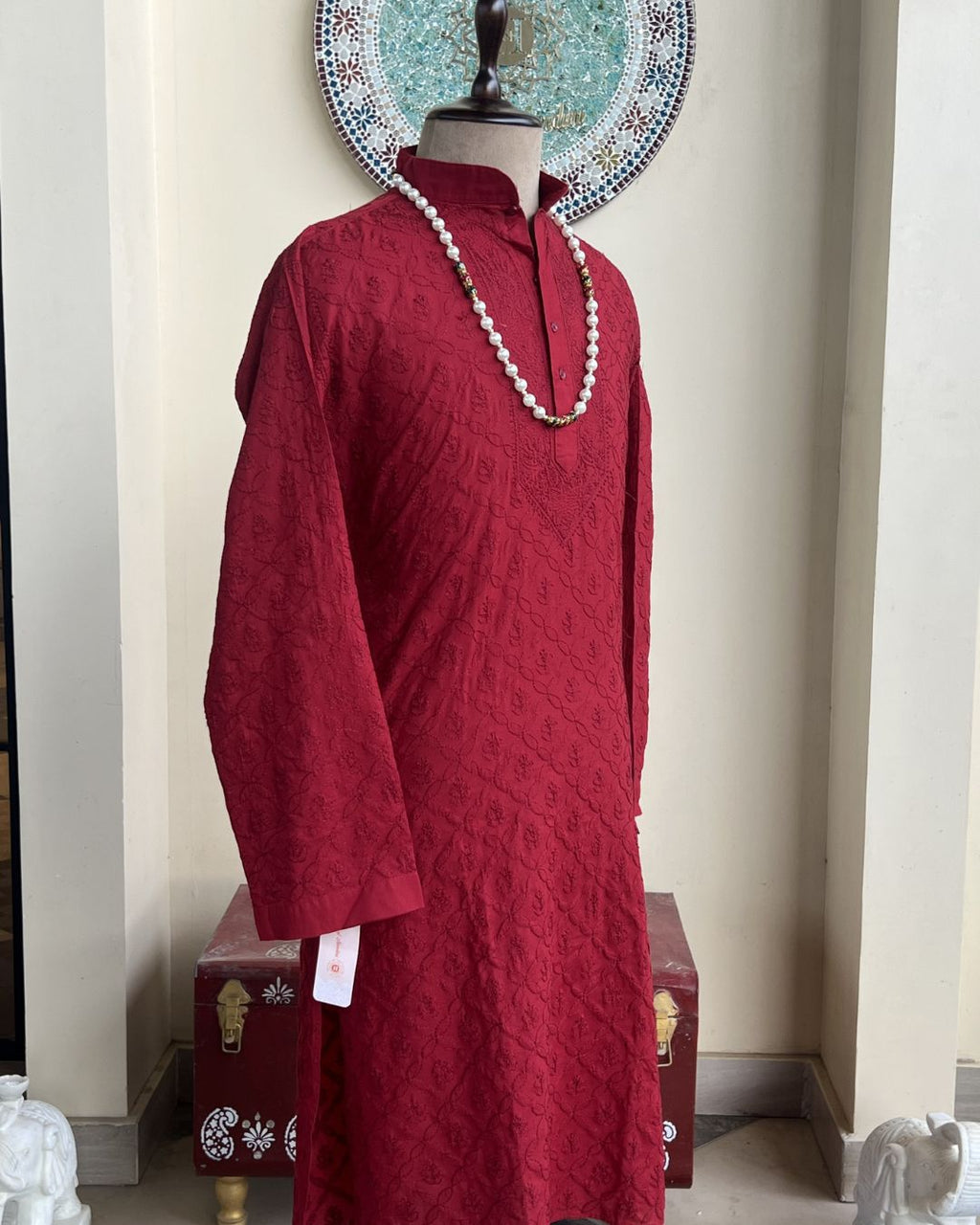 Men’s Red Chikankari Kurta Size 44 – Tone-on-Tone Hand Embroidered Ethnic Kurta | House of Nandini