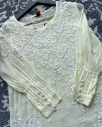 Butter Yellow Chikankari Kurti with White Floral Embroidery