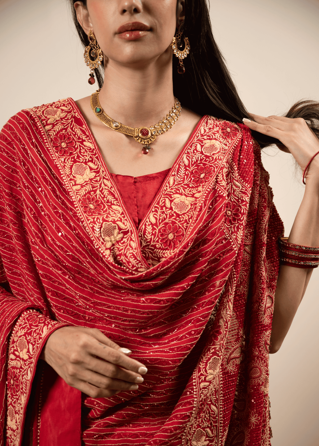 Red Hand Embroidered Saree with Zari & Mukaish Work